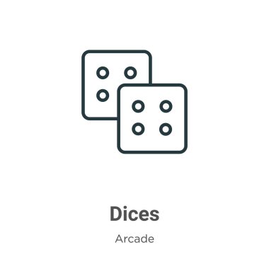 Dices ana hatlı vektör simgesi. İnce çizgi siyah zarlar simgesi, düz vektör basit element çizimi beyaz arkaplanda izole edilmiş oyun salonu konseptinden