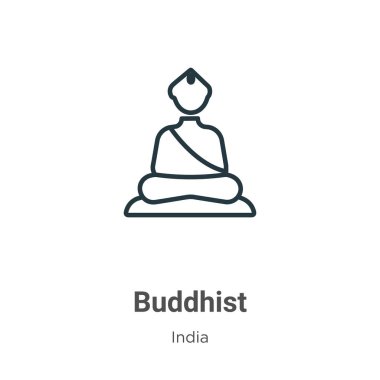 Budist taslak vektör ikonu. İnce çizgi siyah Budist simgesi, düz vektör basit element illüstrasyonu. Beyaz arkaplanda izole edilmiş Hindistan konsepti.