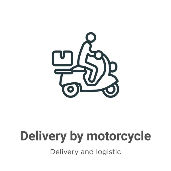 Lieferung per Motorrad-Umrissvektorsymbol. Dünne Linie schwarze Lieferung durch Motorrad-Symbol, flacher Vektor einfaches Element Illustration von editierbaren Lieferung und Logistik-Konzept isoliert auf weiß — Stockvektor