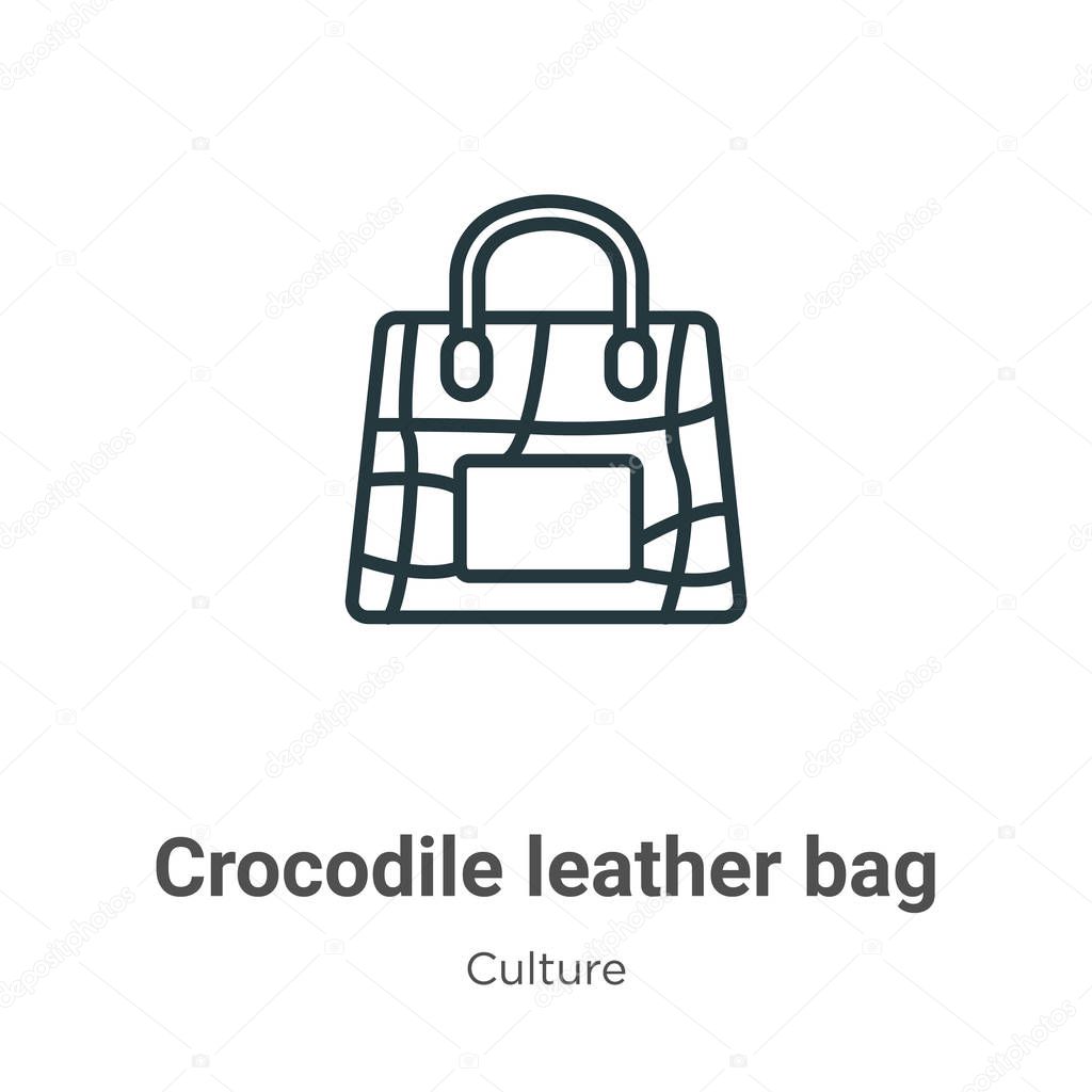 Crocodile leather bag outline vector icon. Thin line black crocodile leather bag icon, flat vector simple element illustration from editable culture concept isolated on white background