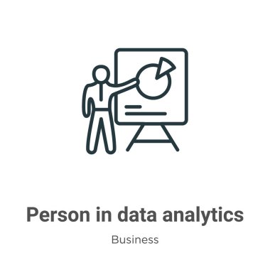 Veri analizi sunumunda bir ekran ana hatlı vektör ikonu üzerinde grafik olan kişi. Veri analizi sunumunda ince çizgi siyah kişi bir ekran simgesi üzerinde grafik, düz vektör basit element