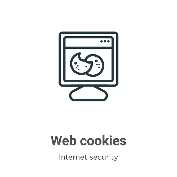 Web çerezleri vektör simgesini çizer. Beyaz arkaplanda izole edilmiş ince çizgi siyah web kurabiyeleri simgesi, düz vektör basit element çizimi