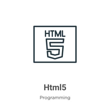 Html5 dış hat vektör simgesi. Beyaz arkaplanda izole edilmiş ince çizgi siyah html5 simgesi, düz vektör basit element gösterimi