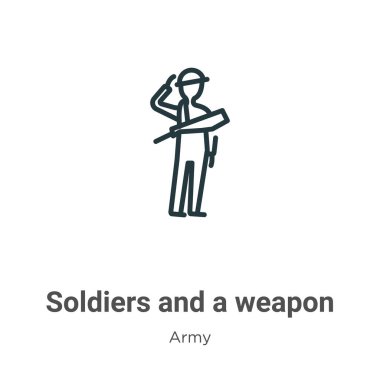 Askerler ve bir silah taslak vektör ikonu. İnce çizgi siyah askerler ve bir silah ikonu, düz vektör basit element çizimi, düzenlenebilir ordu kavramından beyaz arka planda izole edilmiş.