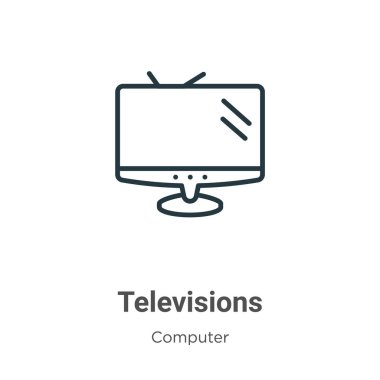 Televizyon ana hatları vektör simgesi. Beyaz arkaplanda izole edilmiş ince çizgi siyah televizyon simgesi, düz vektör basit element çizimi