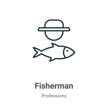 Balıkçı ana hatları vektör ikonu. İnce çizgi siyah balıkçı simgesi, düz vektör basit element illüstrasyonu düzenlenebilir meslekler kavramından beyaz arkaplanda izole edilmiş