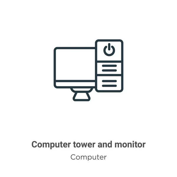 Icono vectorial de la torre de la computadora y del monitor. Icono de torre y monitor de computadora negra de la línea de Thin, ilustración vectorial simple de elementos editables del concepto de computadora aislada sobre fondo blanco. — Vector de stock