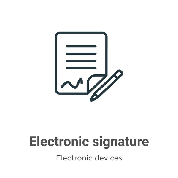 Elektronik imza ana hatlı vektör simgesi. Beyaz arkaplanda izole edilmiş ince çizgi siyah elektronik imza simgesi, düz vektör basit element gösterimi