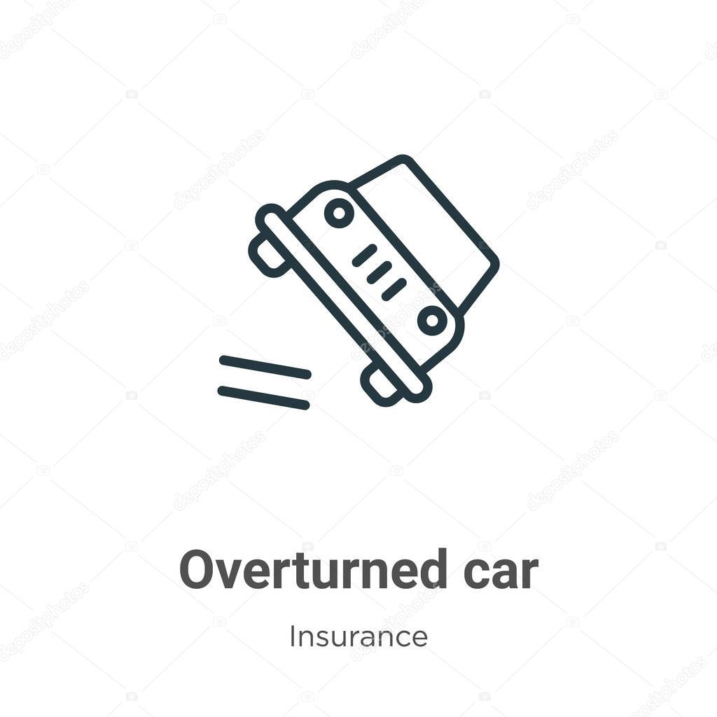 Overturned car outline vector icon. Thin line black overturned car icon, flat vector simple element illustration from editable insurance concept isolated on white background