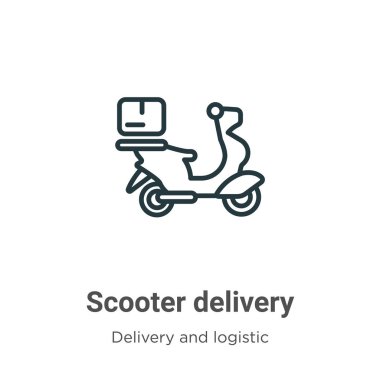 Scooter teslimat ana hatları vektör simgesi. İnce çizgi siyah scooter dağıtım simgesi, düz vektör basit element çizimi düzenlenebilir dağıtım ve lojistik kavramı beyaz arkaplanda izole