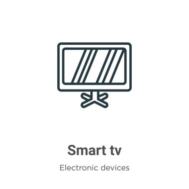 Akıllı televizyon ana hatları vektör simgesi. Beyaz arkaplanda izole edilmiş ince çizgi siyah akıllı televizyon simgesi, düz vektör basit element illüstrasyonu düzenlenebilir elektronik aygıtlar kavramından