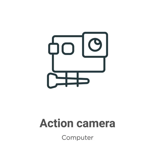 Ícone vetorial contorno da câmera de ação. Ícone de câmera de ação preta de linha fina, ilustração simples vetorial plana do conceito de computador editável isolado no fundo branco — Vetor de Stock
