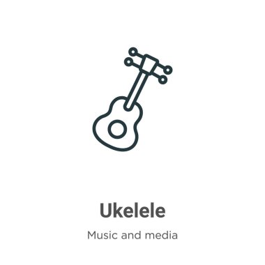 Ukelele ana hatlı vektör simgesi. Beyaz arkaplanda izole edilmiş ince çizgi siyah ukelele simgesi, düz vektör basit element çizimi