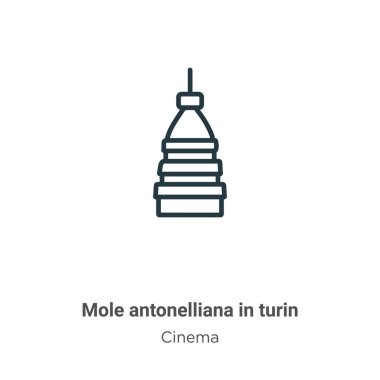 Turin hatlı vektör ikonunda köstebek antonelliana. Torino ikonunda ince çizgi siyah mol antonelliana, beyaz arka planda izole edilmiş düzenlenebilir sinema konseptinden düz vektör basit element çizimi