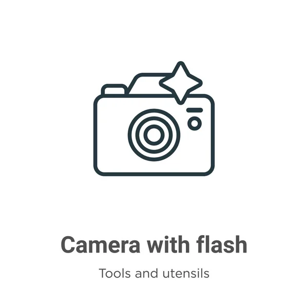 Камера со значком вектора контура вспышки. Тонкая черная камера с иконкой вспышки, плоская векторная простая иллюстрация элементов из съедобных инструментов и выделенная на белом фоне концепция силуэтов — стоковый вектор