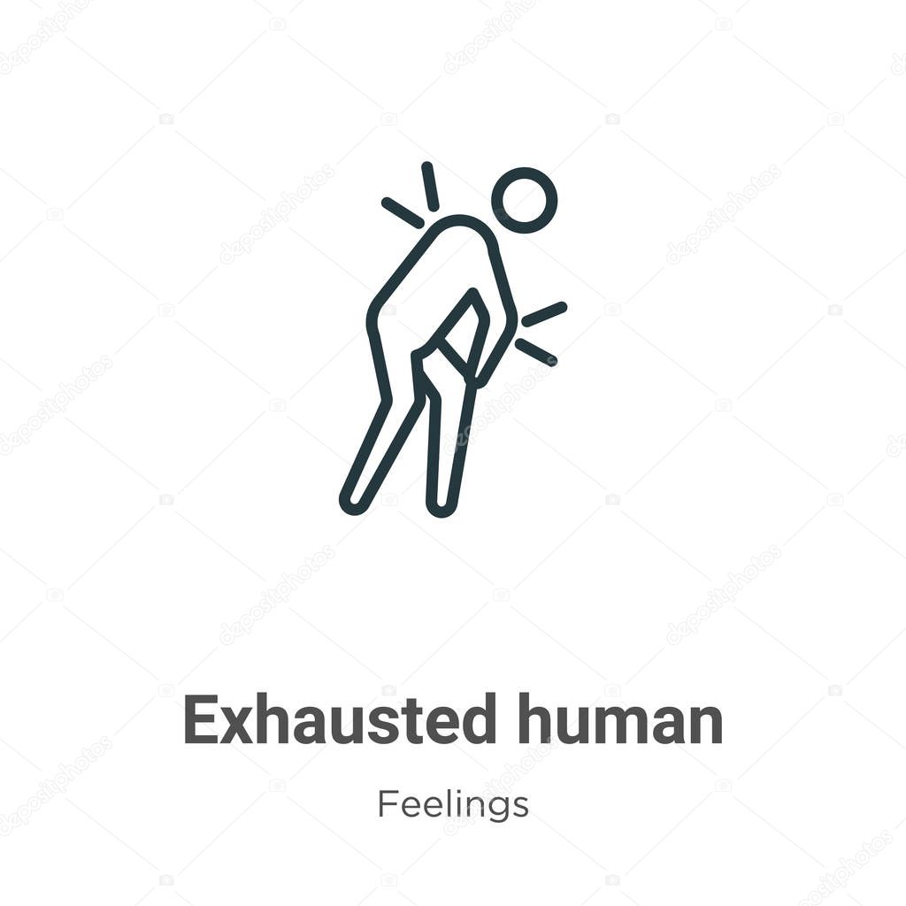 Exhausted human outline vector icon. Thin line black exhausted human icon, flat vector simple element illustration from editable feelings concept isolated on white background