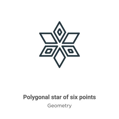 Altı noktalı vektör ikonunun çokgen yıldızı. Altı nokta ikonundan oluşan ince çizgi siyah çokgen yıldız, düz vektör basit element gösterimi, düzenlenebilir geometri kavramından izole edilmiş beyaz vuruş
