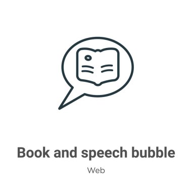Kitap ve konuşma balonu vektör simgesini özetliyor. İnce çizgi siyah kitap ve konuşma balonu simgesi, düz vektör basit element gösterimi, düzenlenebilir web konseptinden izole edilmiş beyaz arkaplan vuruşu
