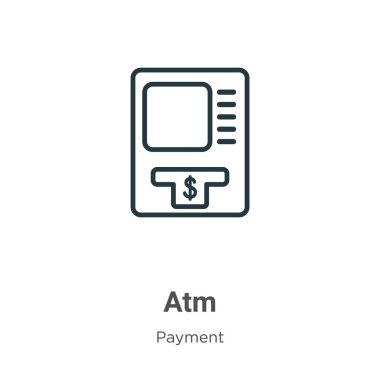 Atm ana hat vektör simgesi. İnce çizgi siyah ATM simgesi, düz vektör basit element çizimi düzenlenebilir ödeme konseptinden beyaz arkaplanda izole edilmiş vuruş