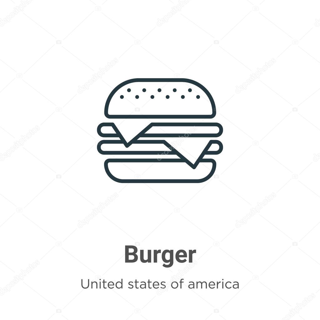 Burger outline vector icon. Thin line black burger icon, flat vector simple element illustration from editable united states concept isolated stroke on white background