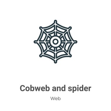 Örümcek ağı ve örümcek çizgisi vektör simgesi. İnce çizgi siyah örümcek ağı ve örümcek ikonu, düz vektör basit element gösterimi düzenlenebilir web konseptinden beyaz arkaplanda izole edilmiş vuruş
