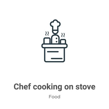 Aşçı ocakta yemek pişiriyor. İnce çizgi siyah şef fırın simgesinde yemek pişiriyor, düz vektör basit element çizimi düzenlenebilir gıda konseptinden beyaz arka planda izole edilmiş felç