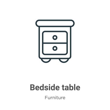 Yatağın yanındaki masa taslağı vektör simgesi. İnce çizgi siyah komodin masa başı simgesi, düz vektör basit element çizimi düzenlenebilir mobilya konseptinden izole edilmiş beyaz arka plan vuruşu