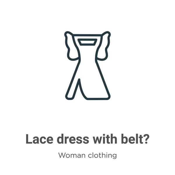 ベルト付きのレースドレス 輪郭ベクトルアイコン ベルト付きの細い線黒レースのドレス アイコンフラットベクトルシンプルな要素イラスト編集可能な女性服のコンセプト分離ストローク白 — ストックベクタ