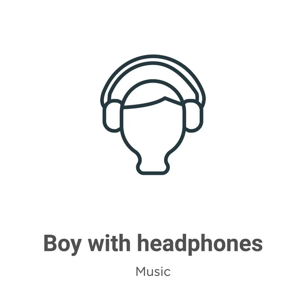 ヘッドフォンの輪郭ベクトルアイコンを持つ男の子 ヘッドフォンのアイコンを持つ細い線黒の少年 白の背景に編集可能な音楽の概念孤立ストロークからフラットベクトルシンプルな要素イラスト — ストックベクタ