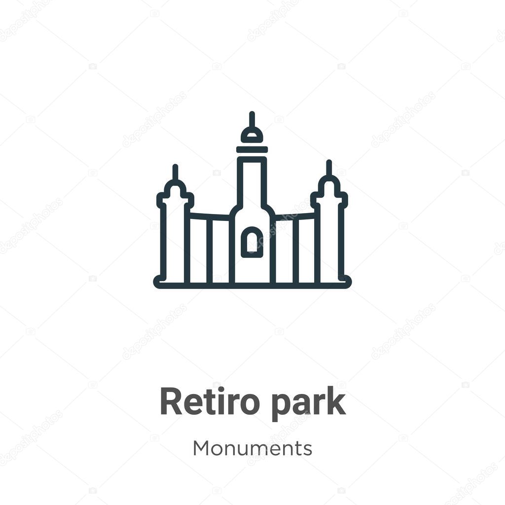 Retiro park outline vector icon. Thin line black retiro park icon, flat vector simple element illustration from editable monuments concept isolated stroke on white background