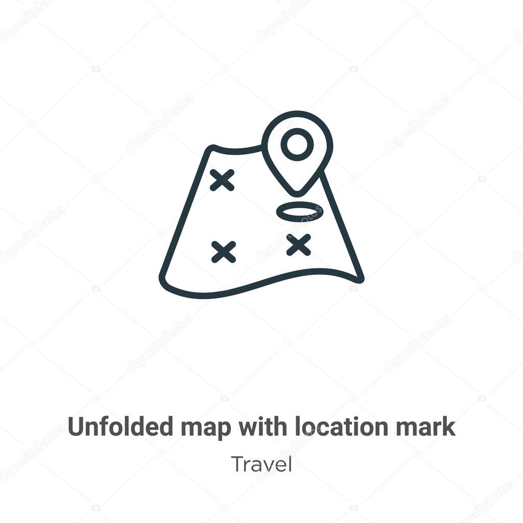 Unfolded map with location mark outline vector icon. Thin line black unfolded map with location mark icon, flat vector simple element illustration from editable travel concept isolated stroke on white