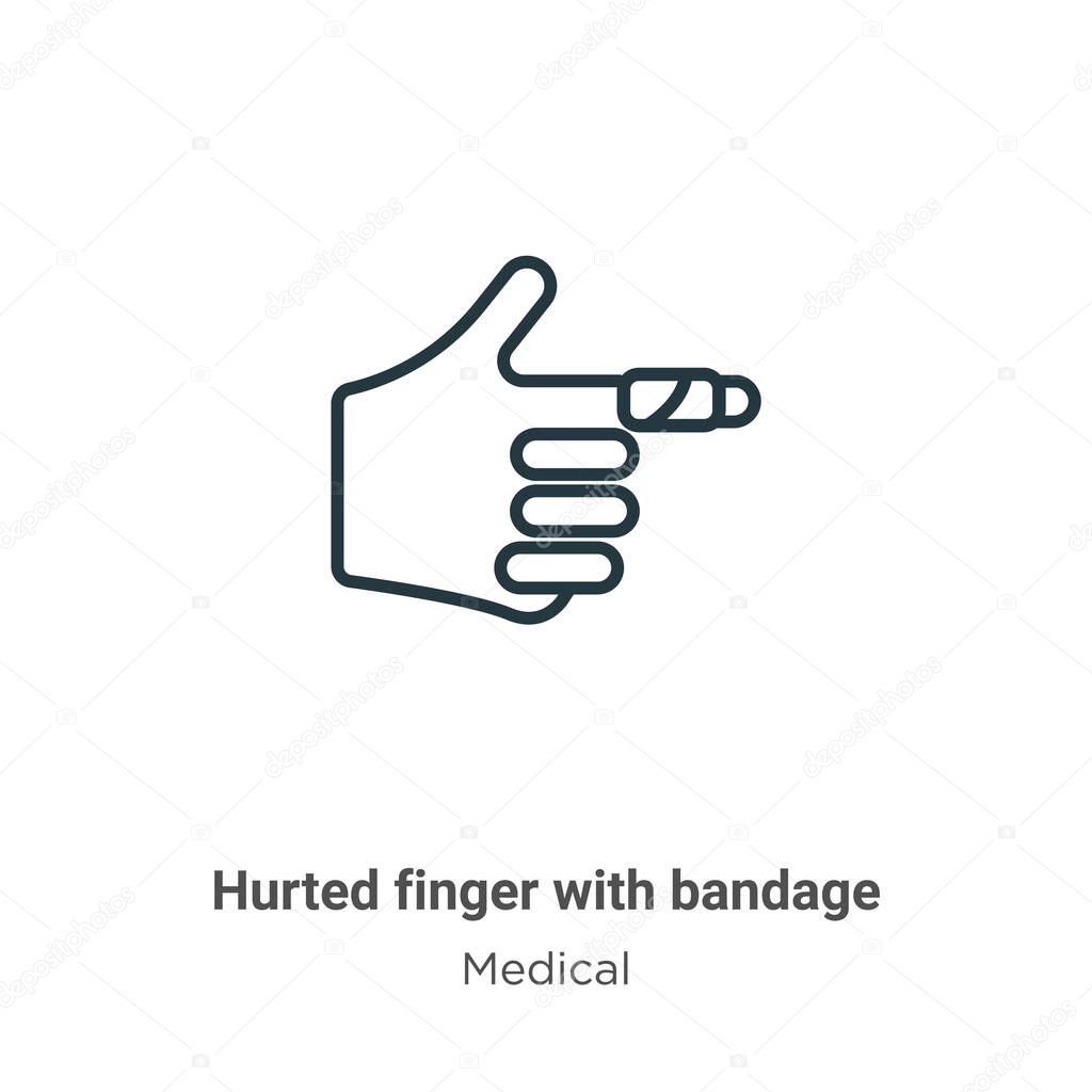 Hurted finger with bandage outline vector icon. Thin line black hurted finger with bandage icon, flat vector simple element illustration from editable medical concept isolated stroke on white