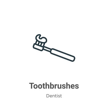 Diş fırçaları vektör simgesini çizer. İnce çizgi siyah diş fırçası simgesi, düz vektör basit element illüstrasyonu düzenlenebilir dişçi kavramından beyaz arka planda izole edilmiş felç