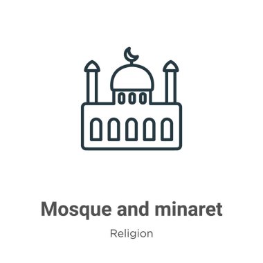 Cami ve minare ana hat vektör simgesi. İnce çizgi siyah cami ve minare simgesi, düz vektör basit element illüstrasyonu düzenlenebilir din kavramından beyaz zemin üzerinde izole edilmiş felç