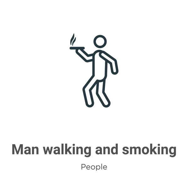 Muž Chůze Kouření Obrys Vektorové Ikony Tenká Čára Černý Muž — Stockový vektor