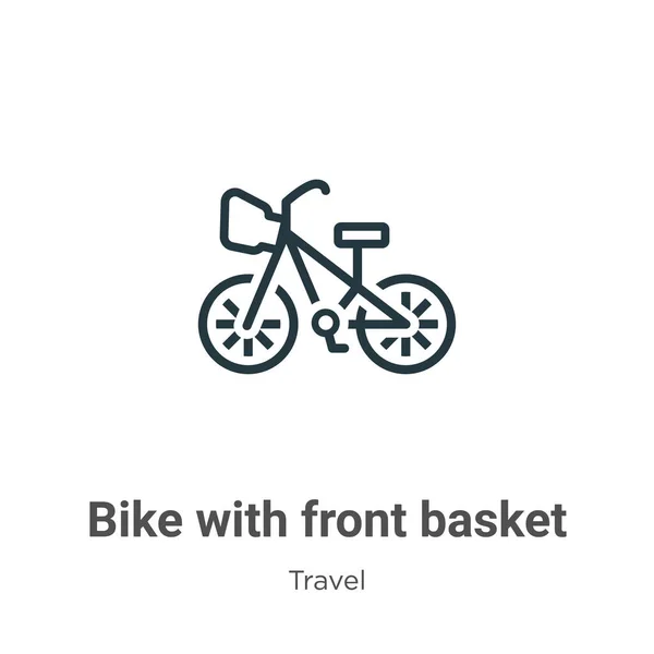 フロントバスケットアウトラインベクトルアイコン付き自転車 フロントバスケットアイコンを持つ細いラインブラックバイク 編集可能な旅行コンセプトからフラットベクトルシンプルな要素イラスト白の背景に孤立ストローク — ストックベクタ
