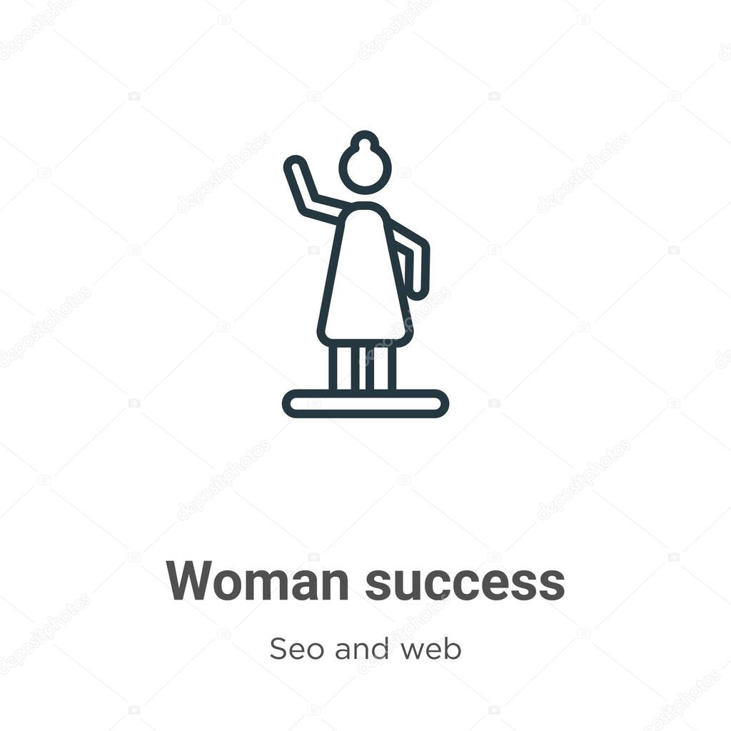 Woman success outline vector icon. Thin line black woman success icon, flat vector simple element illustration from editable seo and web concept isolated stroke on white background