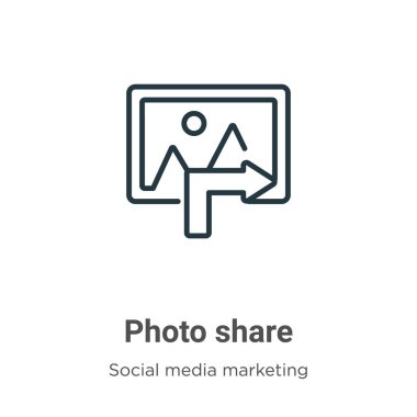 Resim ana hat vektör simgesini paylaşır. İnce çizgi siyah fotoğraf paylaşım simgesi, düz vektör basit element illüstrasyonu düzenlenebilir sosyal medya pazarlama kavramından beyaz arka planda izole edilmiş felç