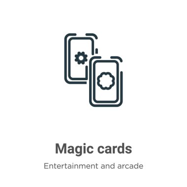 Sihirli kartlar vektör simgesini belirler. İnce çizgi siyah kart simgesi, düz vektör basit element illüstrasyonu düzenlenebilir eğlence ve oyun konsepti beyaz arkaplan üzerinde izole vuruş
