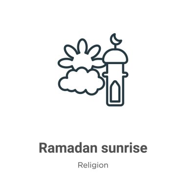 Ramazan doğumu ana hatlı vektör simgesi. İnce çizgi siyah ramazan gün doğumu simgesi, düz vektör basit element çizimi, düzenlenebilir din kavramından izole edilmiş beyaz arkaplan vuruşu