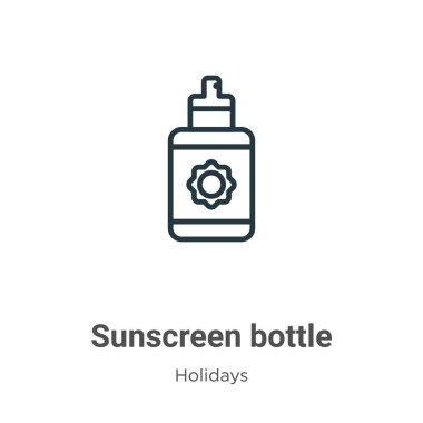 Güneş kremi ana hatlı vektör simgesi. İnce çizgi siyah güneş kremi şişe simgesi, düz vektör basit element illüstrasyonu düzenlenebilir tatil konseptinden beyaz arka planda izole edilmiş vuruş