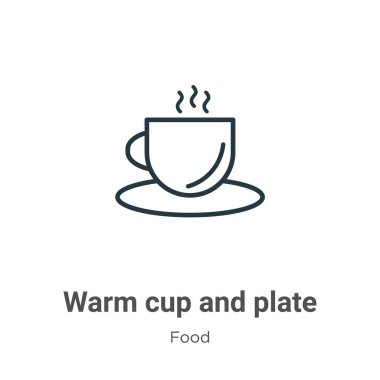 Sıcak fincan ve tabağın dış hatları vektör simgesi. İnce çizgi siyah fincan ve tabak ikonu, düz vektör basit element çizimi düzenlenebilir gıda konseptinden beyaz zemin üzerinde izole edilmiş felç