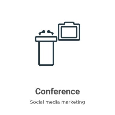 Konferans ana hatları vektör simgesi. İnce çizgi siyah konferans simgesi, düzenlenebilir sosyal medya pazarlama kavramından düz vektör basit element illüstrasyonu beyaz arkaplanda izole edilmiş vuruş