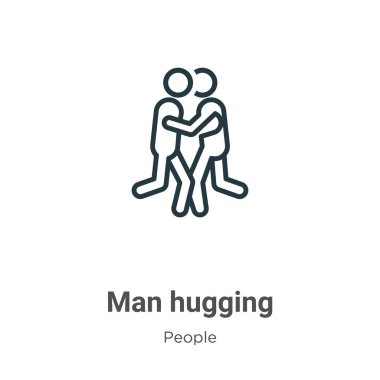 Adam ana hatlı vektör simgesini kucaklıyor. İnce çizgi siyah adam simgeye sarılıyor, düz vektör basit element çizimi düzenlenebilir insanlar kavramından beyaz arkaplanda izole edilmiş vuruş