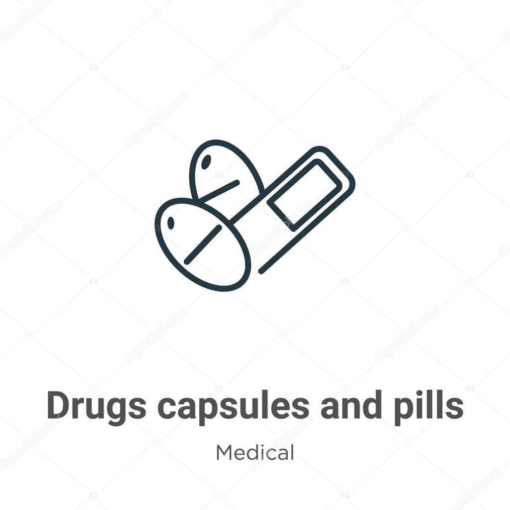 Drugs capsules and pills outline vector icon. Thin line black drugs capsules and pills icon, flat vector simple element illustration from editable medical concept isolated stroke on white background