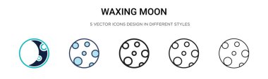 Dolu, ince çizgi halinde balmumu ay ikonu, ana hatları ve vuruş stili. Mobil, ui, web için iki renkli ve siyah ay vektör simgesinin vektör illüstrasyonu kullanılabilir