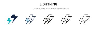 Şimşek simgesi dolu, ince çizgi, dış hatlar ve vuruş stili. Mobil, ui, web için iki renkli ve siyah yıldırım vektör ikonu tasarımı vektör illüstrasyonu kullanılabilir