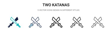 İki katana simgesi doldurulmuş, ince çizgi, özet ve vuruş stili. Mobil, ui, web için iki renkli ve siyah katana vektör ikonu tasarımı vektör illüstrasyonu kullanılabilir