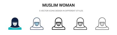 Müslüman kadın ikonu dolu, ince çizgi, özet ve vuruş stili. Mobil, ui, web için iki renkli ve siyah Müslüman kadın vektör ikonu tasarımı vektör illüstrasyonu kullanılabilir