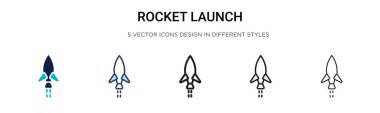 Roket fırlatma ikonu dolu, ince çizgi, özet ve vuruş stili. Mobil, ui, web için iki renkli ve siyah roket fırlatma vektör simgesi tasarımı kullanılabilir